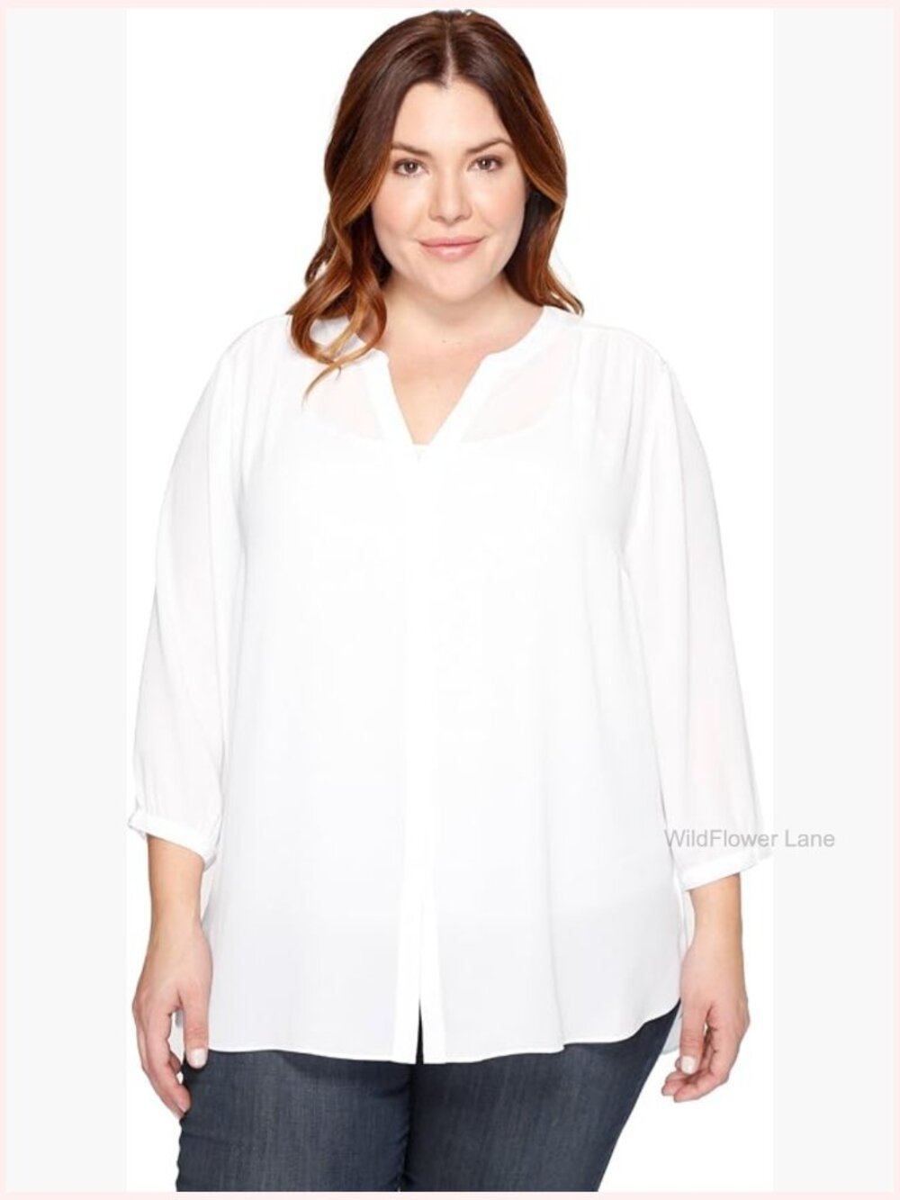 Plus Size Blouse w/ Three-Quarter Sleeves & Pintuck Detail